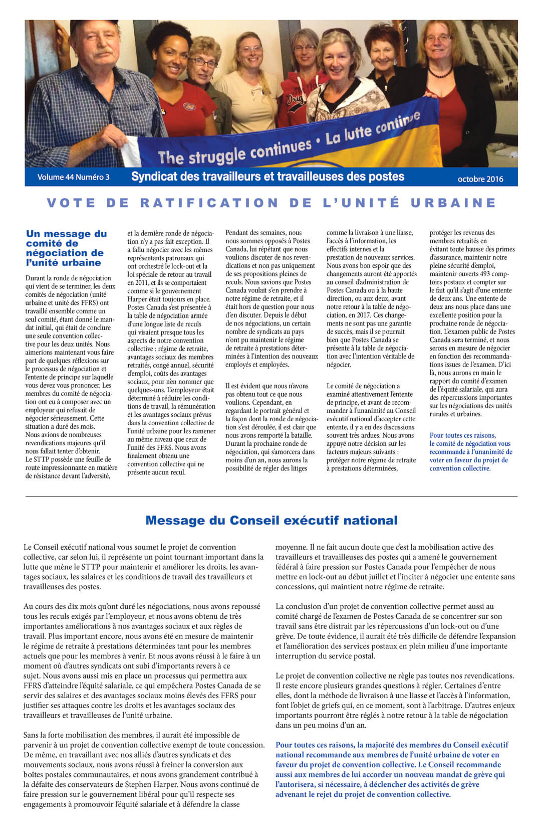 Unité urbaine : Tabloïd sur le vote de ratification