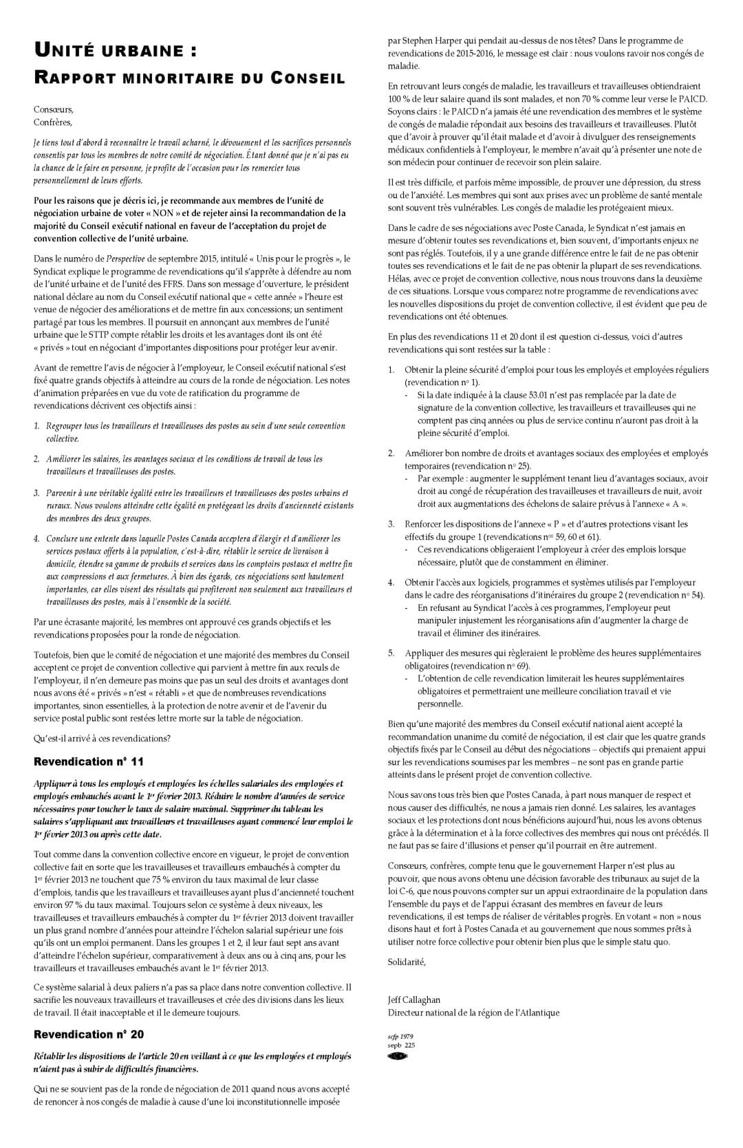 Unité urbaine : Rapport minoritaire du Conseil exécutif national