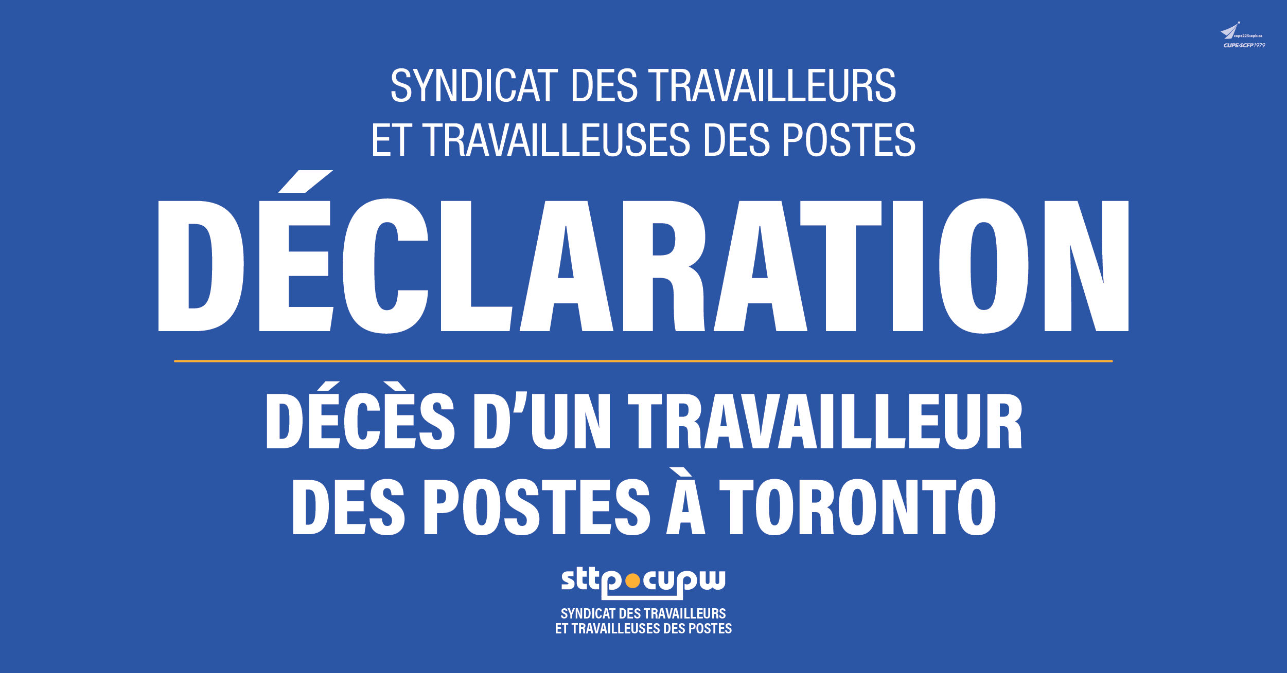 Déclaration du STTP – Décès d’un travailleur des postes à Toronto Déclaration du STTP – Décès d’un travailleur des postes à Toronto