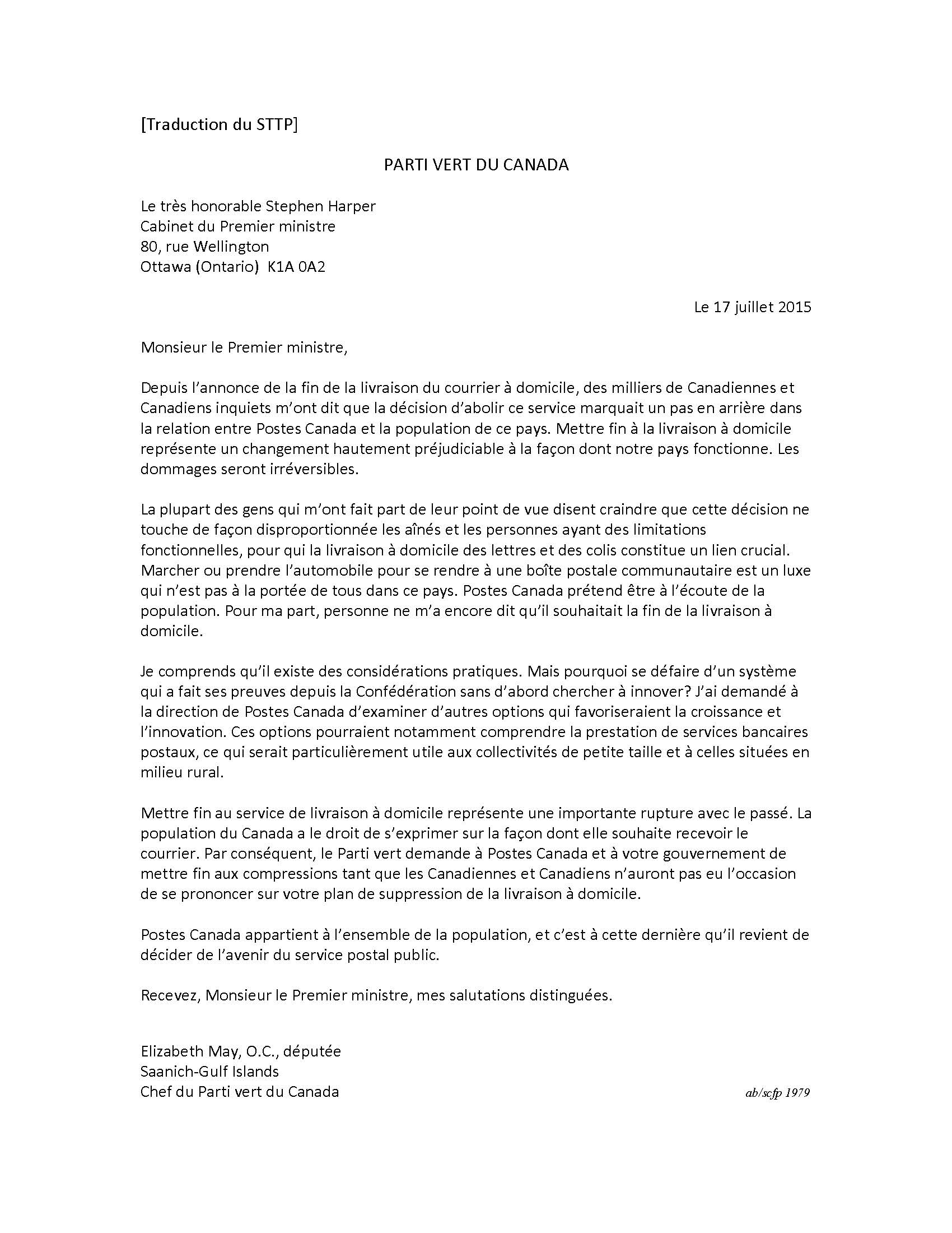 Lettre du Parti Vert au premier ministre