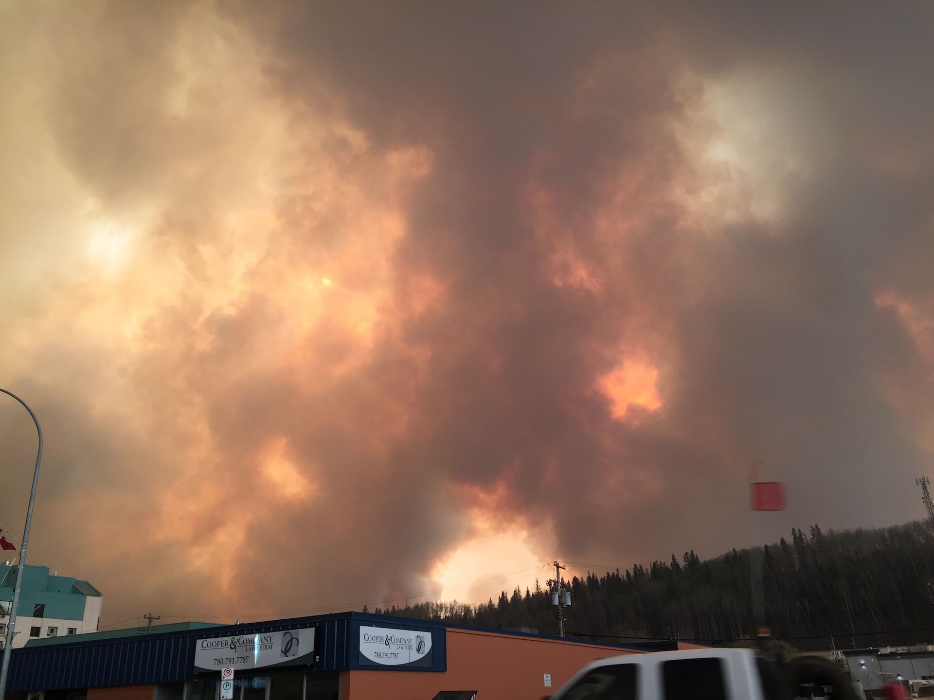 Photo of fire in Fort MacMurray taken by CUPW Sister Heather Cowan-Haskett