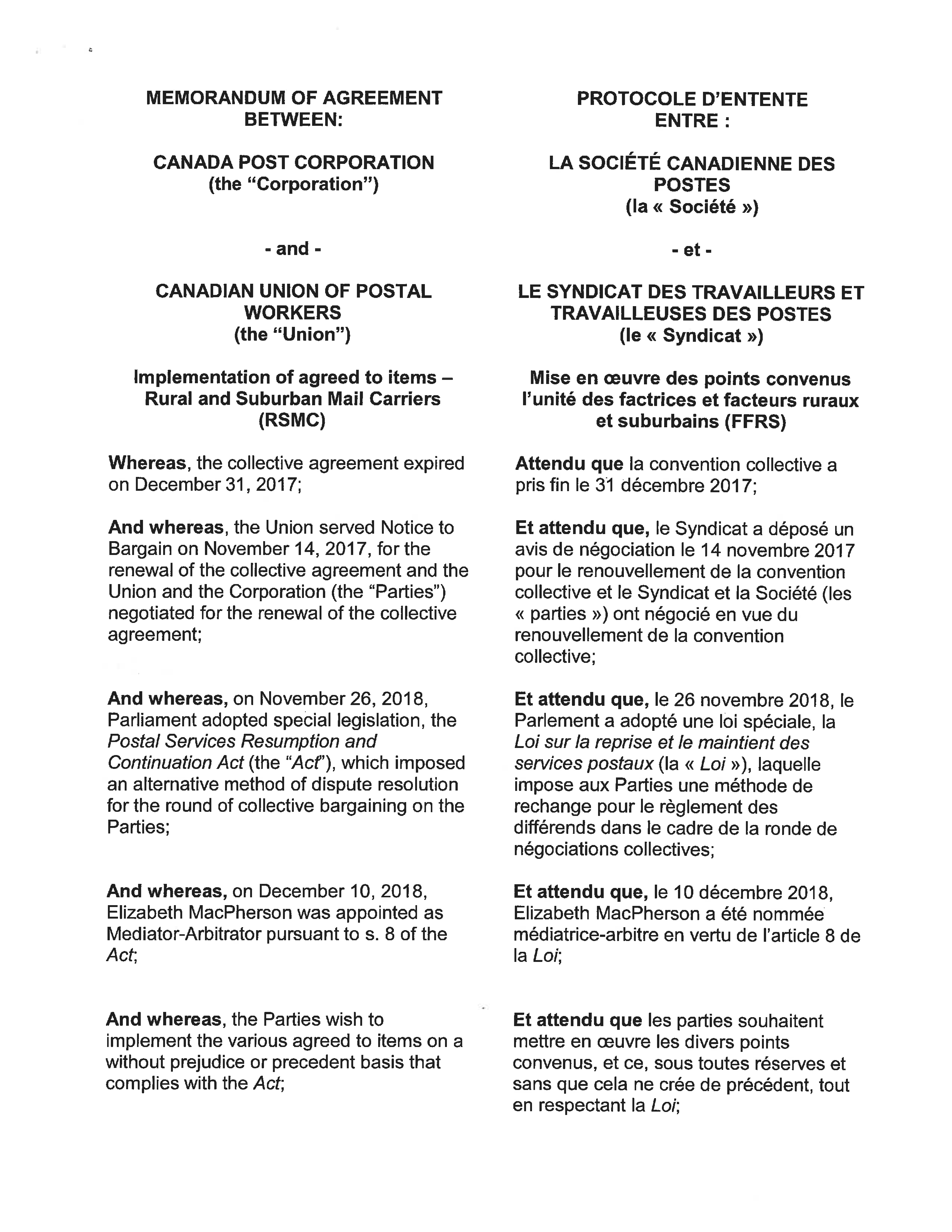 Memorandum of Agreement - Implementation Of Agreed To Items - Rural and Suburban Mail Carriers (RSMC) / Protocole d’entente - Mise en œuvre des points convenus l'unité des factrices et facteurs ruraux et suburbains (FFRS)