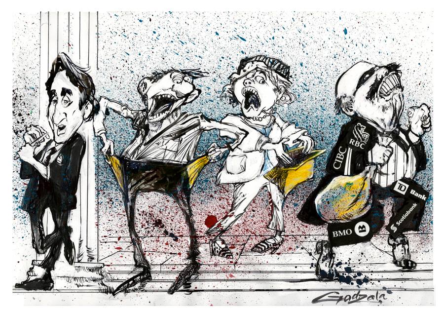 Illustration of Justin Trudeau leaning up against a bank column while filing his nails. Two panicked people search their empty pockets and purse. A masked person is walking away with bags displaying logos from Canadian banks. Illustration of Justin Trudeau leaning up against a bank column while filing his nails. Two panicked people search their empty pockets and purse. A masked person is walking away with bags displaying logos from Canadian banks.