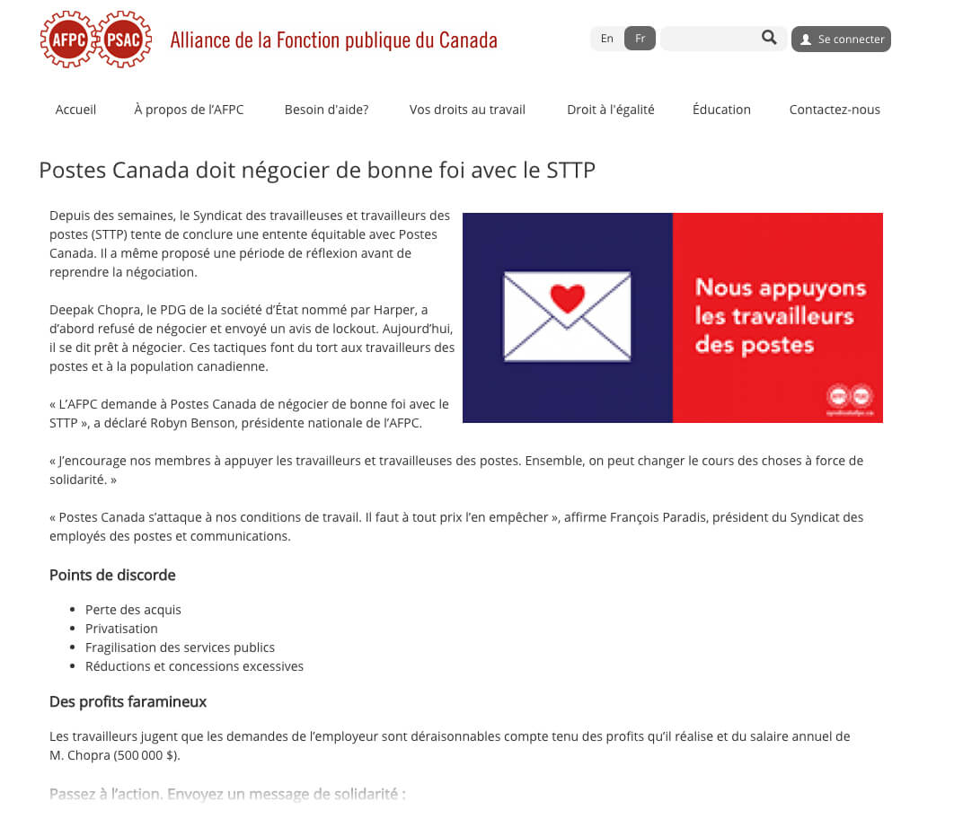 Postes Canada doit négocier de bonne foi avec le STTP