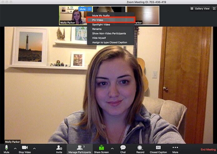 Image: To pin the interpreter’s video, hover over the video box until the three dots appear. Click the three dots and select “Pin Video” from the drop-down menu. Image : Les participantes et participants qui souhaitent voir la traduction en langage gestuel peuvent épingler la vidéo de l’interprète de manière à ce qu’elle demeure à l’écran peu importe qui prend la parole.