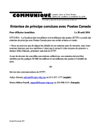 Ententes de principe conclues avec Postes Canada