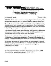 Complaint Filed Against Canada Post for Unlawful Election Advertising