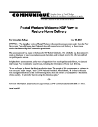 Postal Workers Welcome NDP Vow to  Restore Home Delivery
