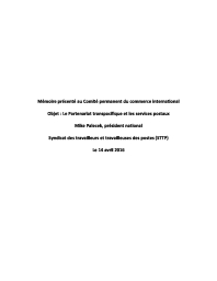 Mémoire présenté au Comité permanent du commerce international   Objet : Le Partenariat transpacifique et les services postaux 